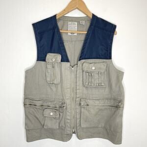 Vintage 90’s Bugle Boy Tactical Fishing Zip Up Pocket Vest Mens Medium Tan Blue
